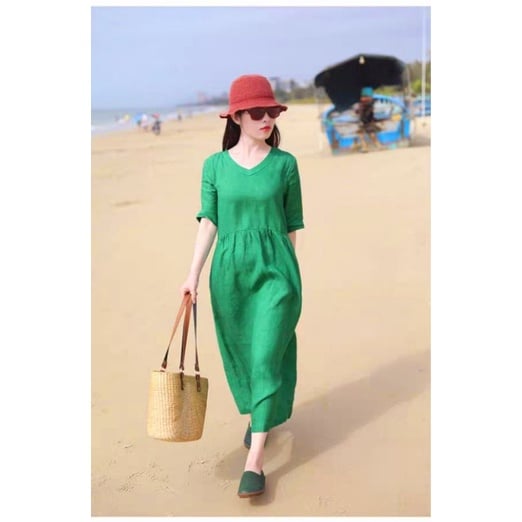 Đầm linen cổ tim nhún eo tay lỡ [ chất linen bột thoáng mát thấm hút mồ hôi+ tặng kèm dây nơ eo ]