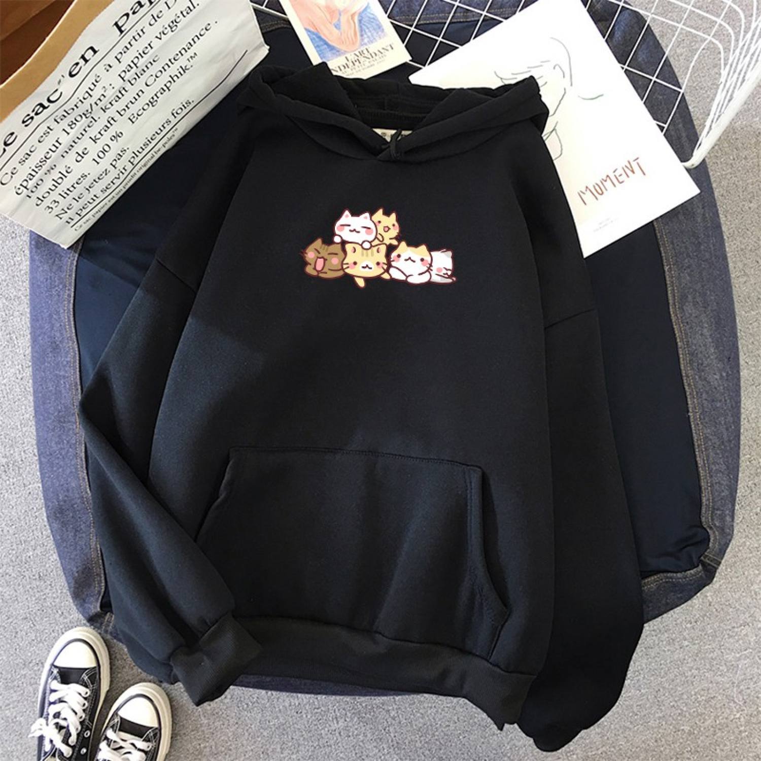 Áo Hoodie Nữ Familylove - Áo khoác Hoodie nữ form rộng họa tiết 6 chú mèo dễ thương chất liệu cotton 100% nỉ da cá