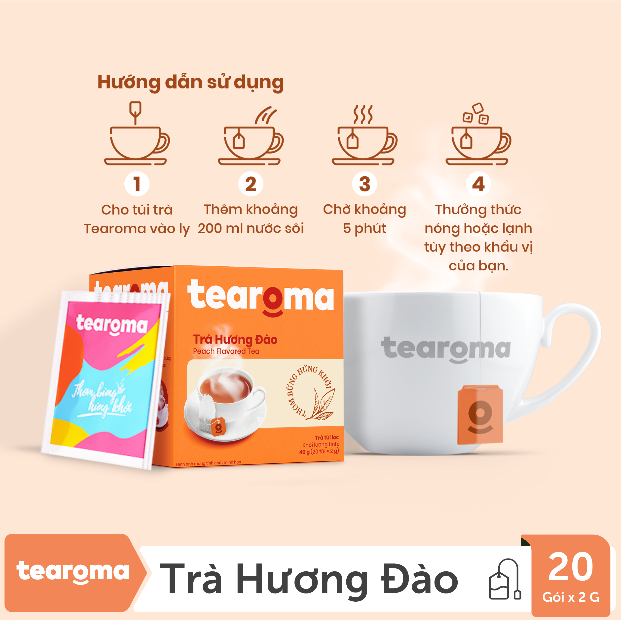 [Date T2/25] Trà túi lọc Đào Tearoma (Hộp 20gói x 2gr)