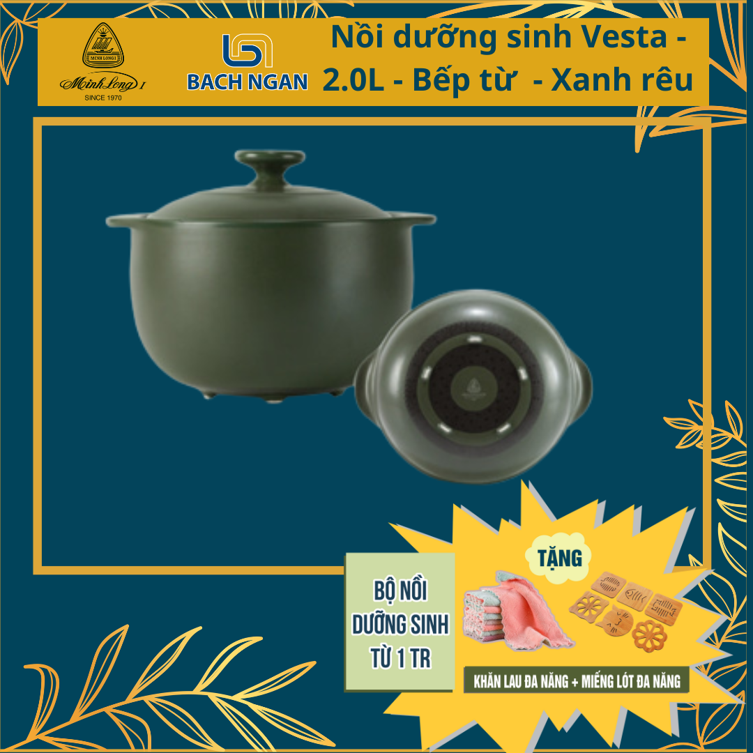 Nồi Sứ Dưỡng Sinh Minh Long Vesta (Kiểu dáng cao) 2.0L Dùng Cho Bếp Từ, Có Nắp, Dùng Kho Cá, Hầm Cháo, Tốt Cho Sức Khỏe - Xanh rêu