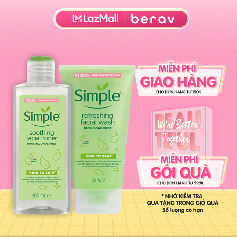 Combo SIMPLE NƯỚC HOA HỒNG Kind To Skin Soothing Facial Toner 200ml + SỮA RỬA MẶT Dịu Nhẹ Refreshing Facial Wash 150ml giá rẻ