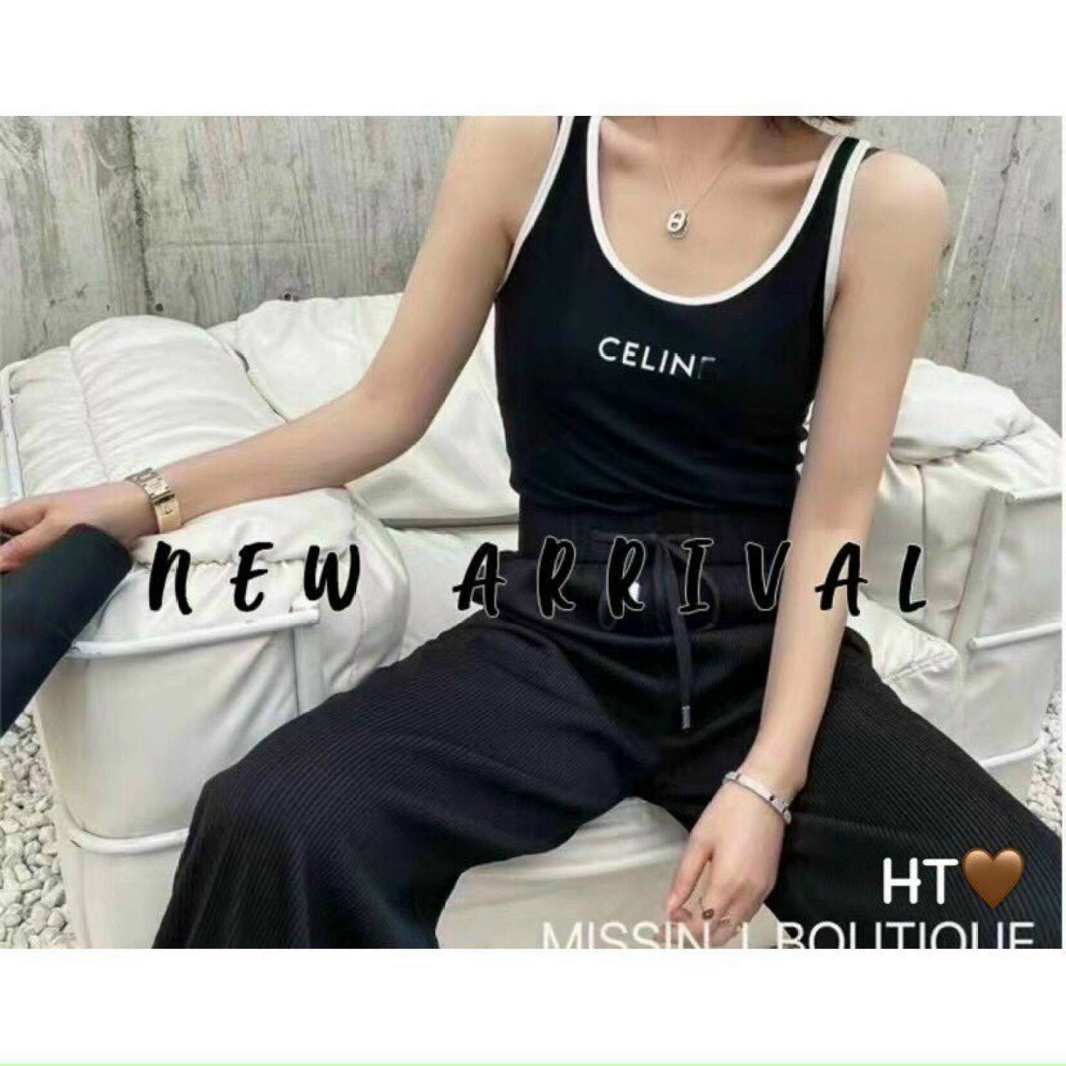 Áo thun ba lỗ viền đen chữ Ce line