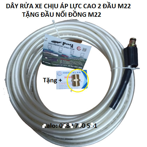 Bộ dây rửa xe chịu áp lực cao 10m trắng tặng đầu nối ren đồng M22