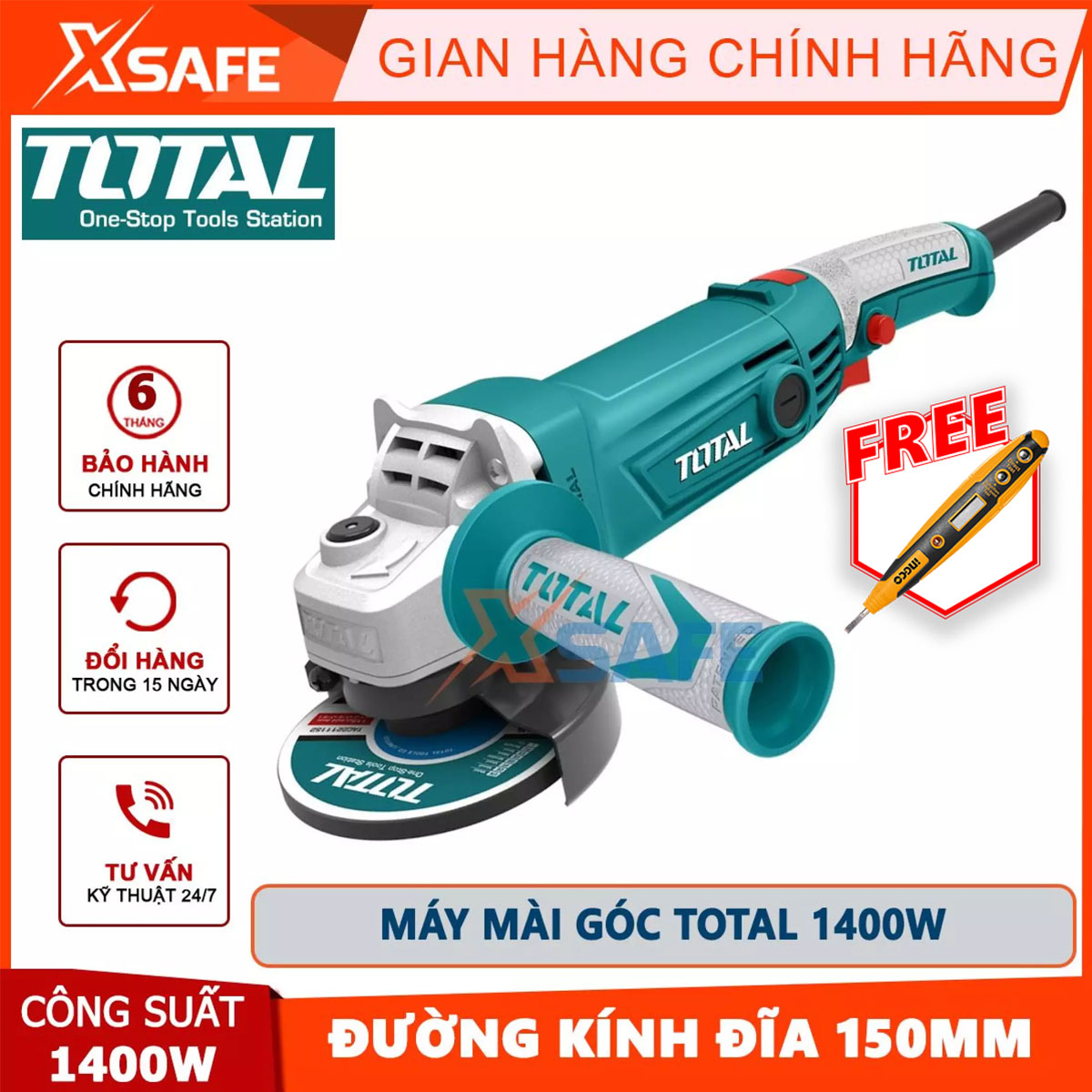 Máy mài cầm tay 1500W Total TG11512526 máy mài góc đường kính đĩa 125mm, cốt M14 tốc độ không tải 11000vòng/phút, điện thế 220-240V ~ 50 / 60Hz máy đánh bóng mặt kim loại, đánh sạch ron gạch, cắt đá dễ dàng