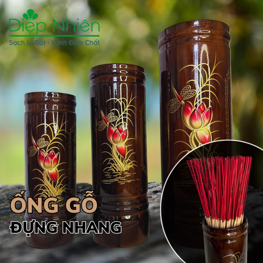 Ống đựng nhang bằng gỗ vân Đen họa tiết Hoa Sen
