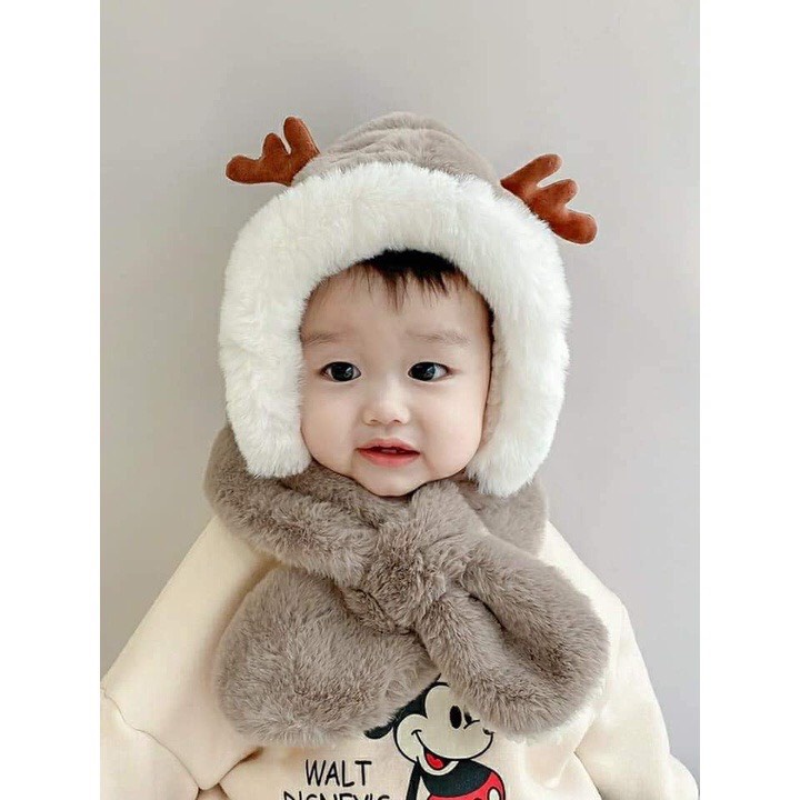 Mũ trẻ em mùag lót lông sừng hươute nón kèm khăn siêu ấm tai gấu thỏ cho