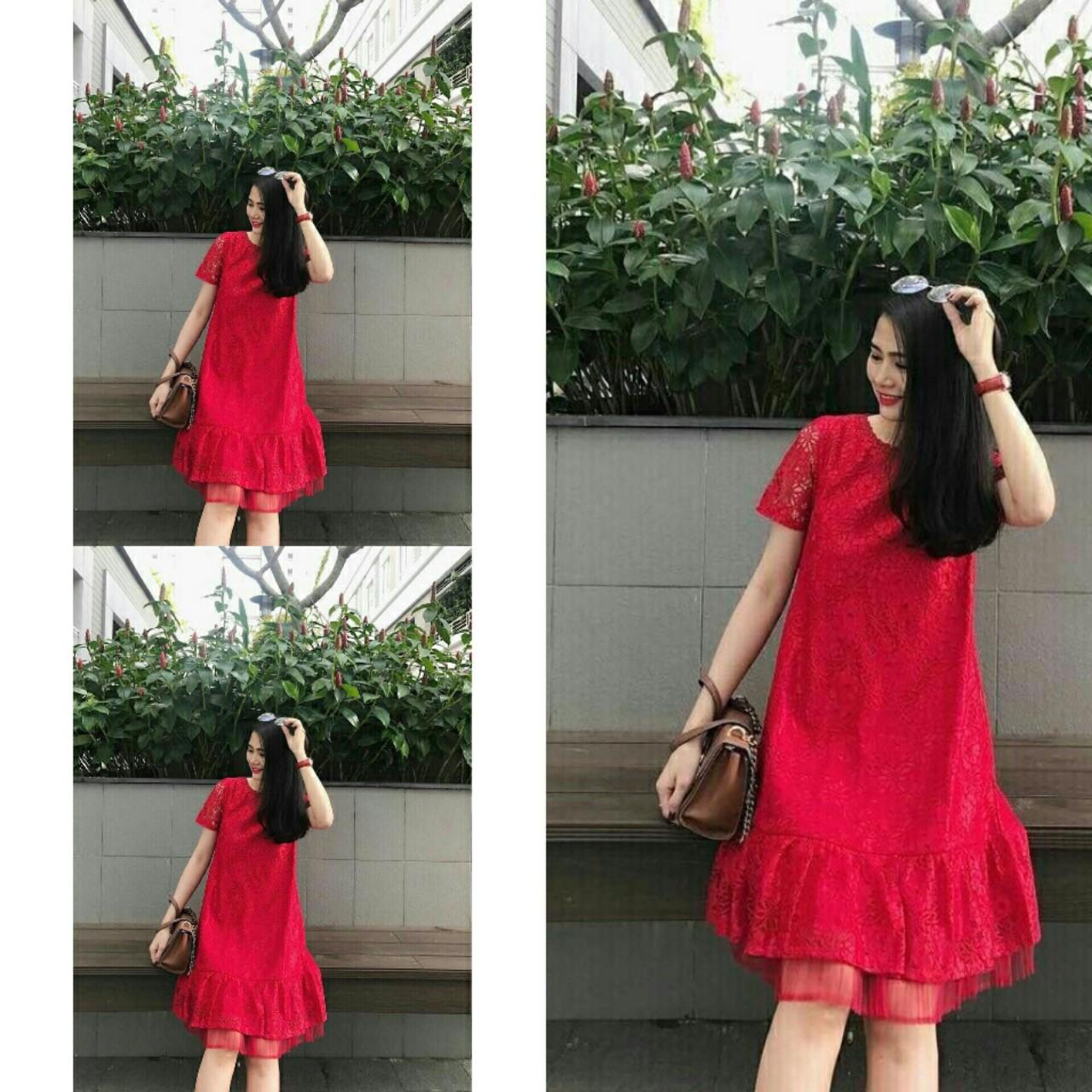 Đầm bầu suông ren phối lưới dập ly