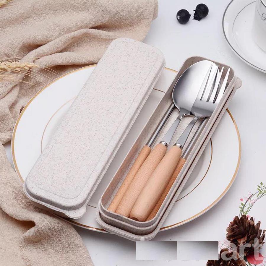 Bộ muỗng đũa nĩa inox cán gỗ - có hộp đựng lúa mạch sang trọng - tiện lợi mang đi