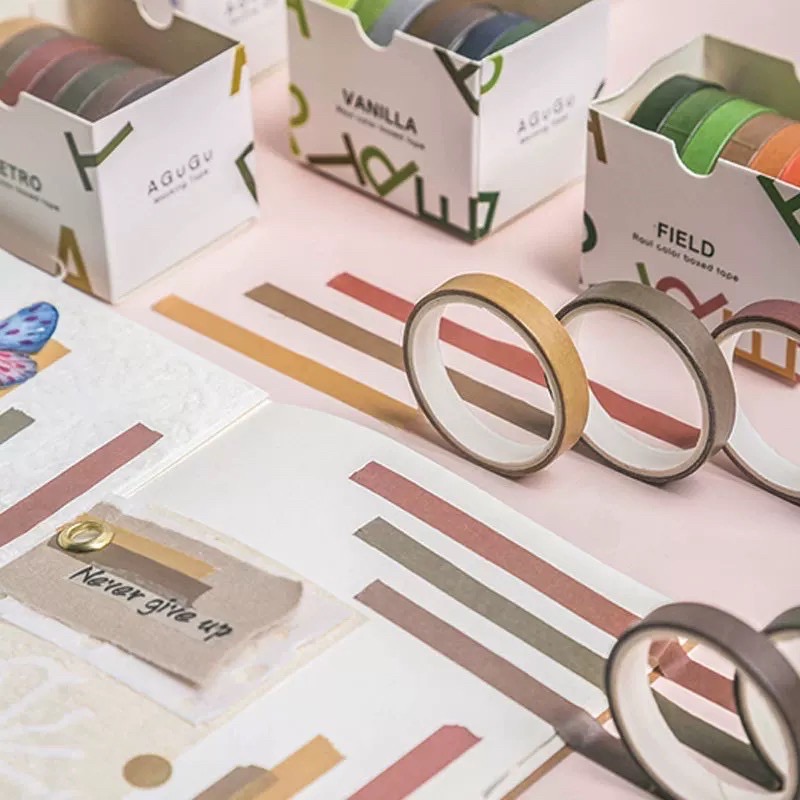 Set 7 Cuộn Washi Tape Basic Agugu dùng để trang trí