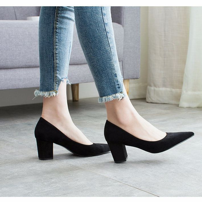 Giày cao gót da lộn đế vuông 6cm. Giày công sở siêu êm.