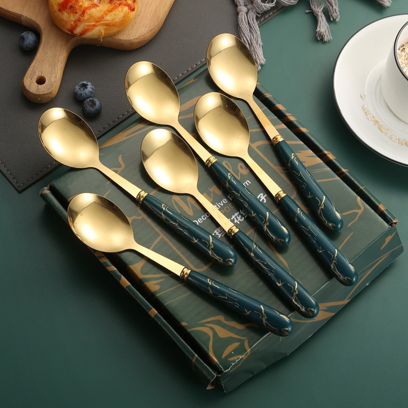 thìa cán sứ mạ vàng set 6 chiếc cao cấp V167