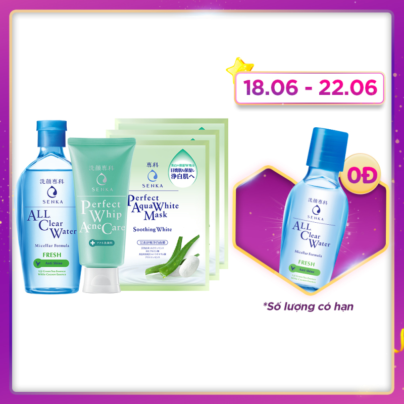 Bộ sản phẩm dành cho da mụn Senka (A.L.L Clear Water Fresh 230ml+SRM Acne Care 100g+Mặt nạ soothing 25mlx3) giá rẻ