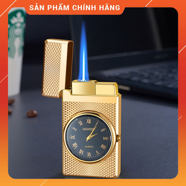 Hột quẹt bật lửa gas hf602 họa tiết kẻ caro sang trọng kiêm đồng hồ la mã cực đẹp