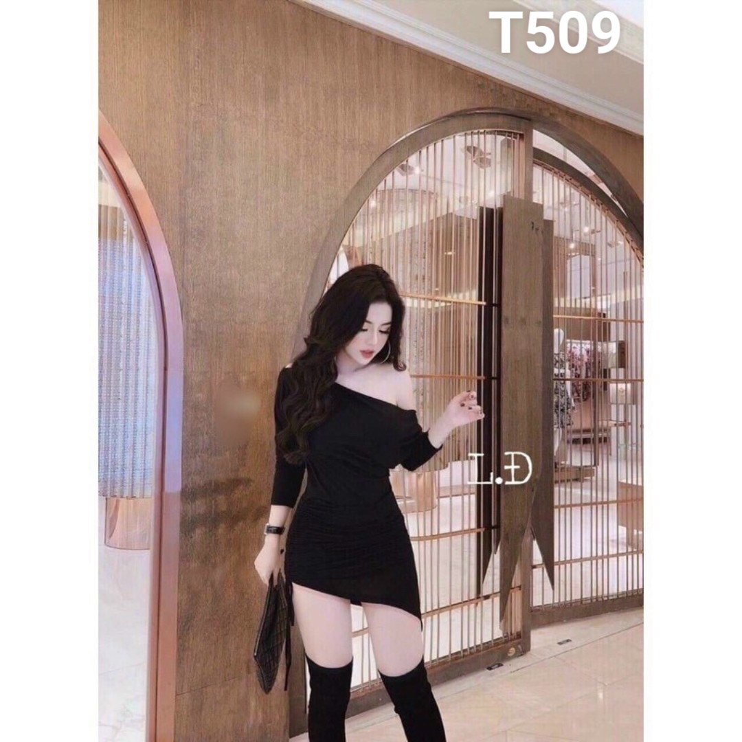 Đầm body ôm lệch vai chân váy chéo dạo phố siêu xinh chất liệu thun borip T509
