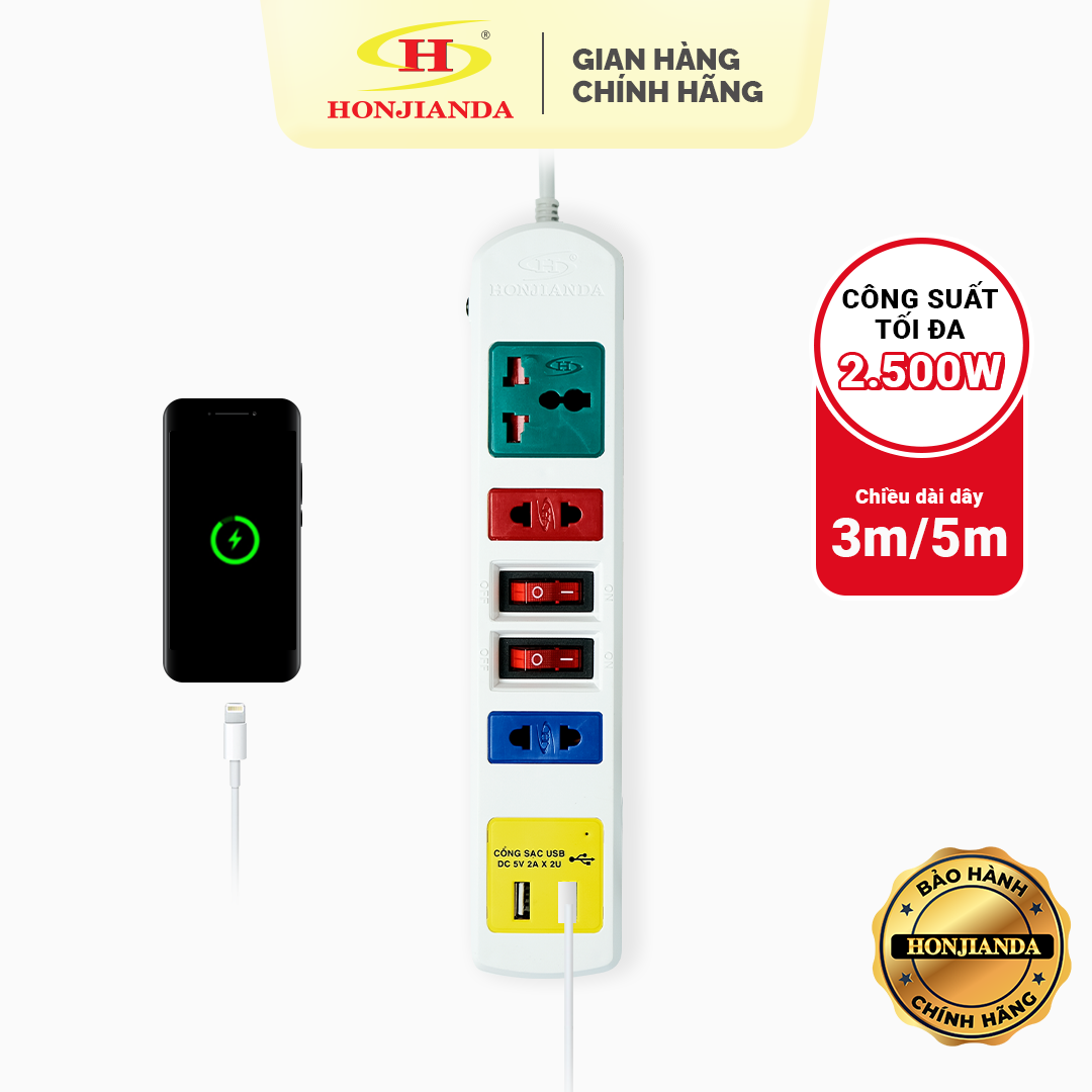 Ổ cắm điện đa năng có USB Honjianda Mã 03 Loại 2 công tắc Dây 3m - an toàn chống quá tải