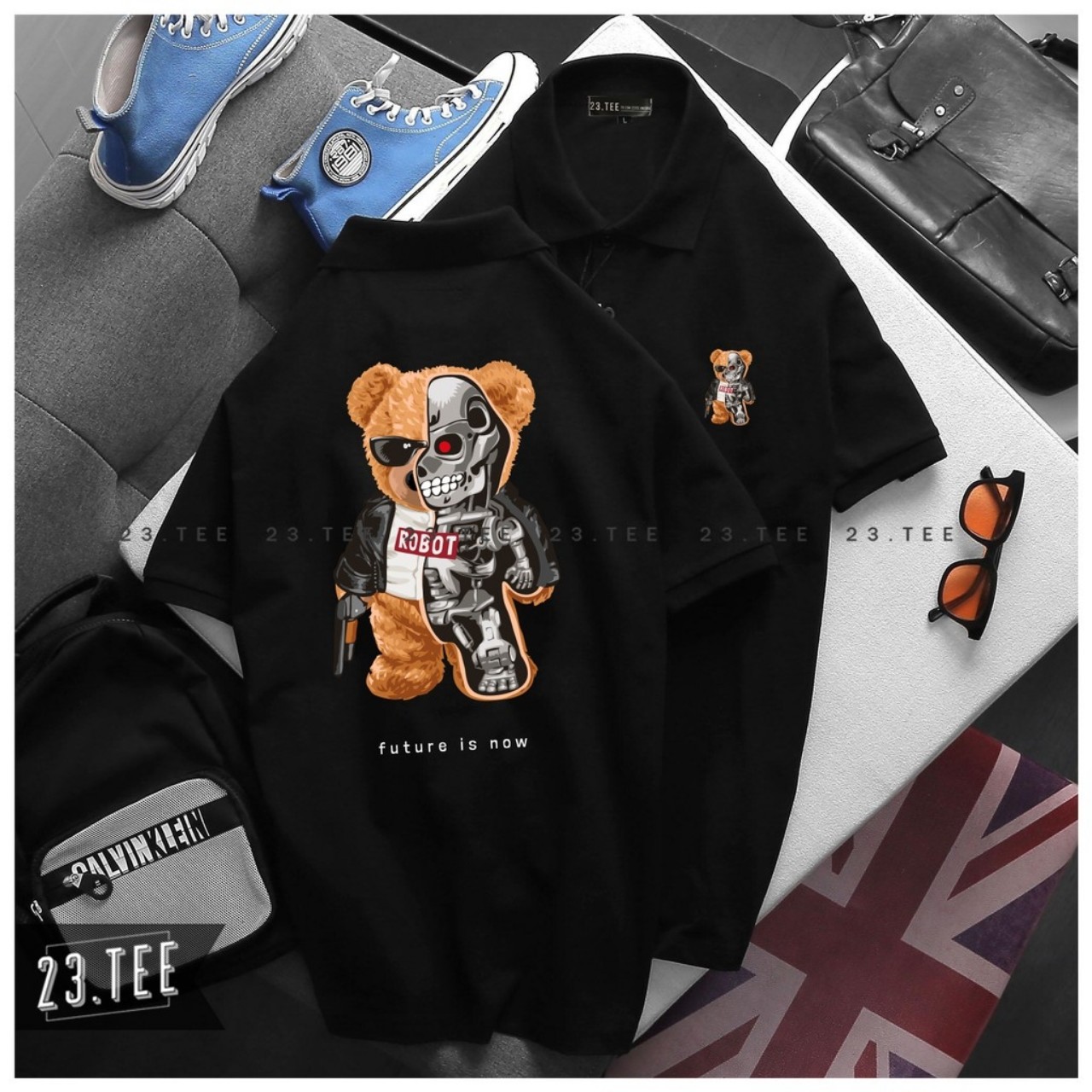 Áo thun cổ trụ cổ bâu Gấu future is now (THUN DA CÁ)