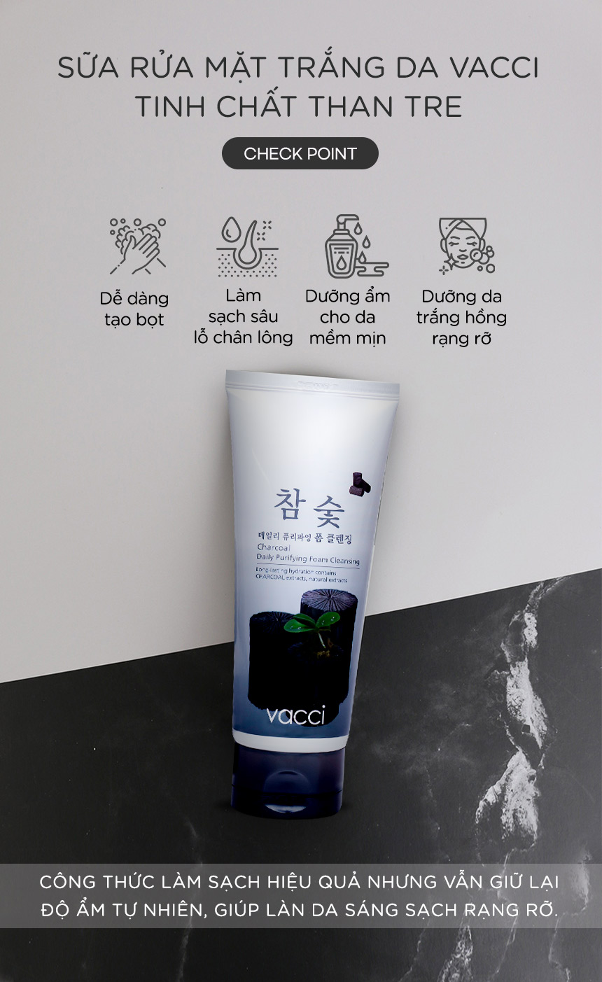 Sữa rửa mặt ngăn ngừa mụn tinh chất Than tre Vacci