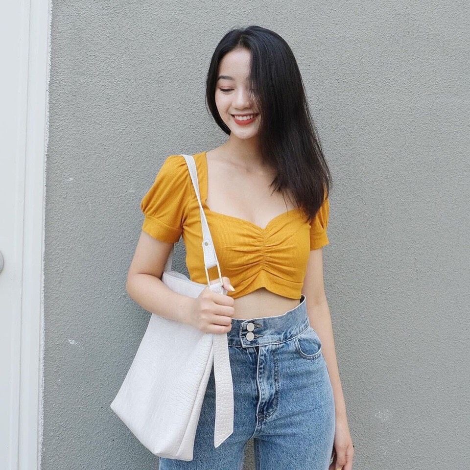 Mẫu mới áo thun ngang ngực croptop form dưới 45 kg