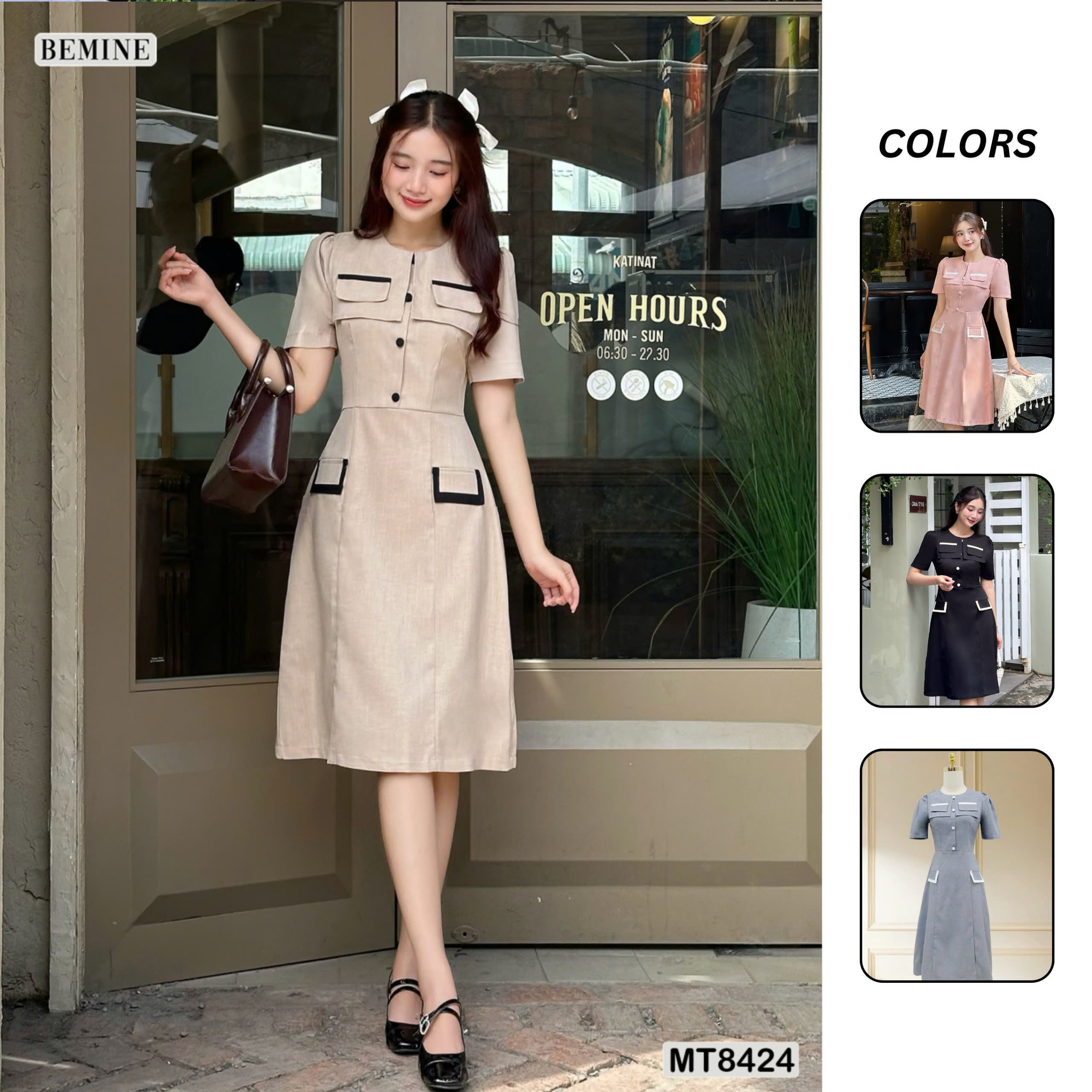 Đầm cổ tròn phối nắp túi tùng A BEMINE MT8424