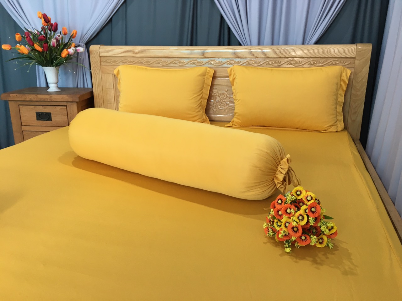 Trọn bộ chăn ga gối thun lạnh hàn quốc lan phạm bedding - màu vàng