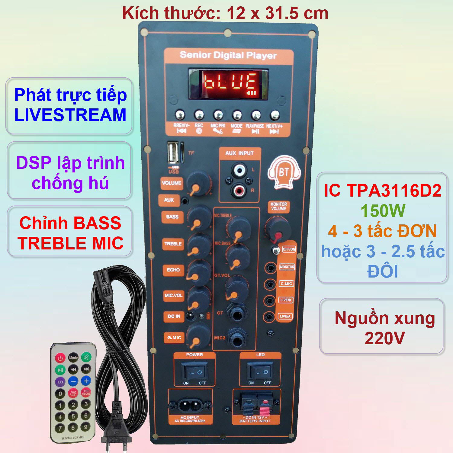 Mạch loa kéo TPA3116D2 150W LIVESTREAM - DSP Lập Trình Chống Hú Mẫu mới 2023 có chỉnh Gain Mic
