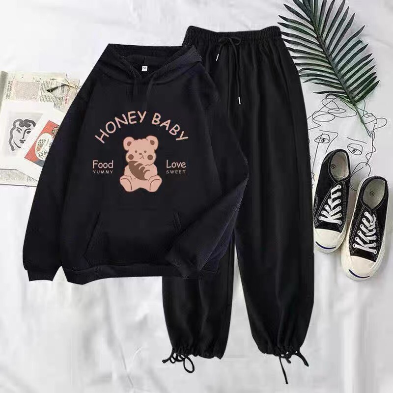 QUẦN ÁO NỮ, SET ÁO HOODIE IN HÌNH GẤU HONEY BABY KÈM QUẦN BOM BÓ GẤU