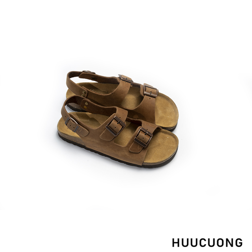 Sandal unisex HuuCuong - 2 khóa da bò nâu đế trấu giá rẻ