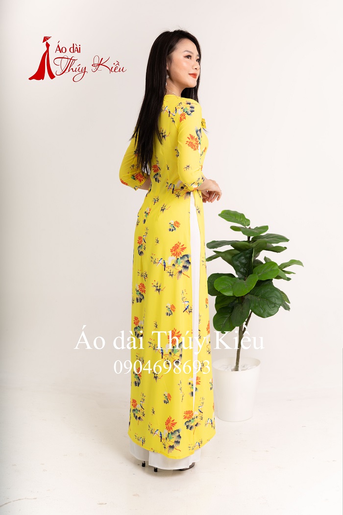 Áo dài nữ truyền thống thiết kế may sẵn tết cách tân nữ nền vàng hoa cúc K17 Thúy Kiều mềm mại co giãn áo dài giá rẻ