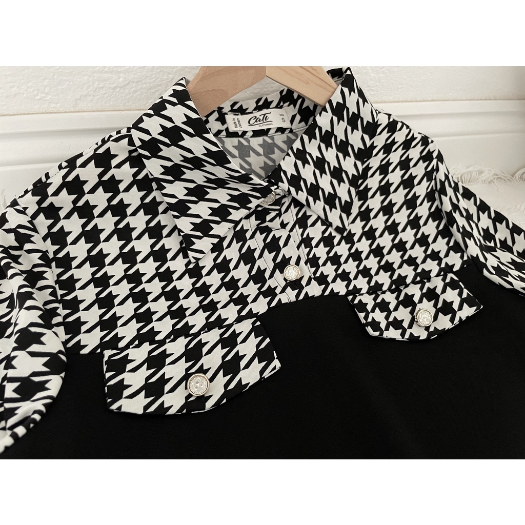 váy phối lụa hoạ tiết Hounstooth phối umi vuông cao cấp đanh mịn 2218