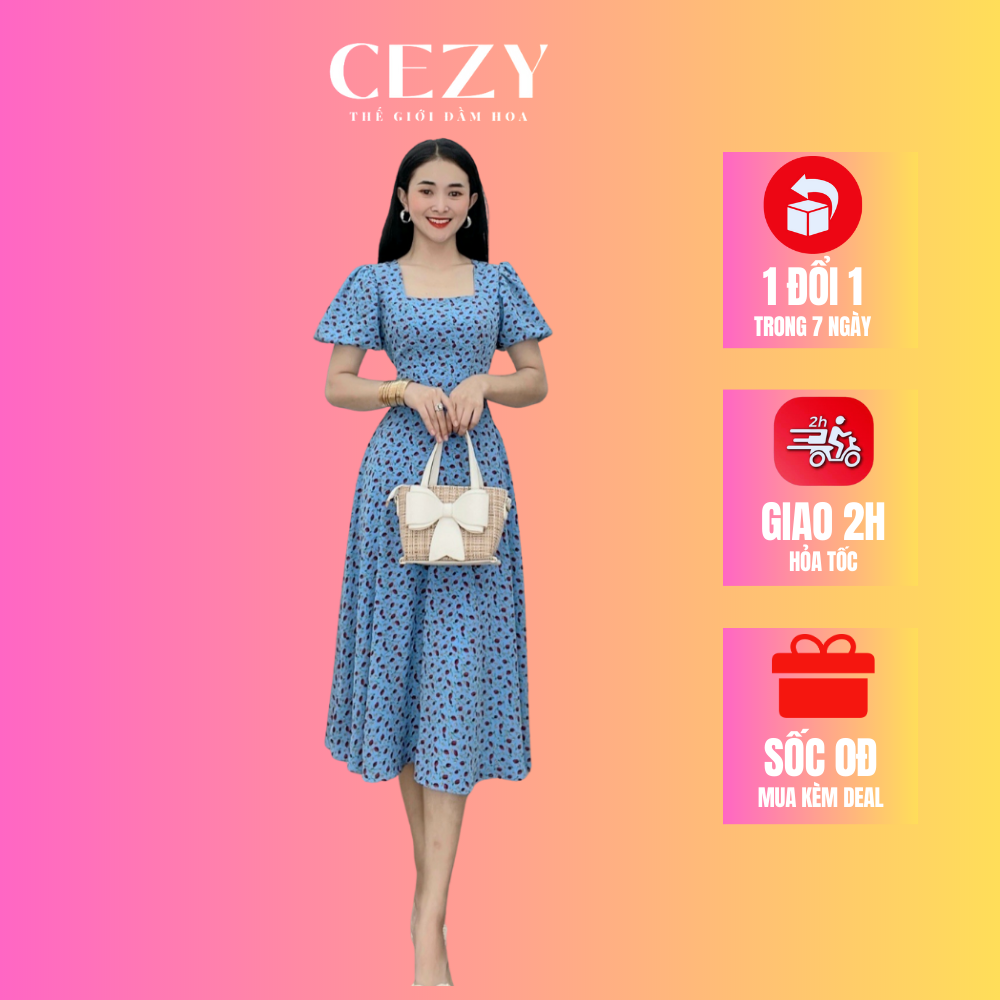 Đầm hoa nhí cổ vuông tay bồng dây thắt nơ eo có size bigsize cezy d75