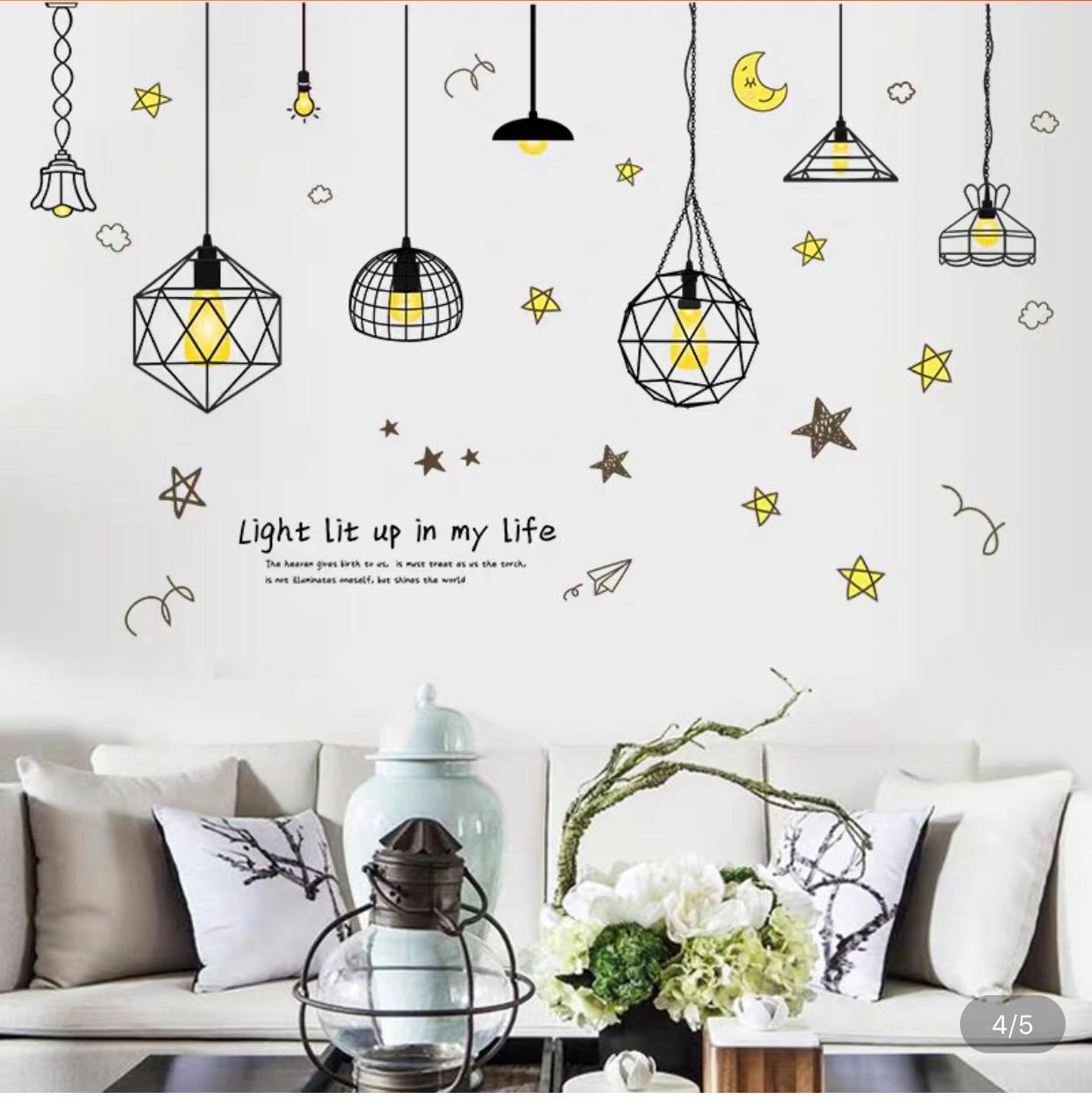 DECAL DÁN TƯỜNG CHÙM ĐÈN SAO VÀNG VÀ ĐÔI CÁNH THIÊN THẦN
