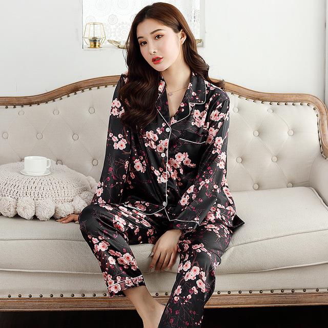Satin Silk Pajamas for Women's Set Pyjamas Button Pigiama Donna Pjs Winter Mujer Pijama Sleepwear Nightwear Pizama Damska