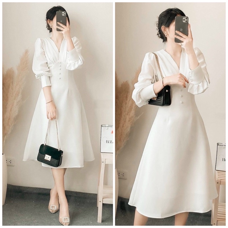 Đầm trắng cổ V nút bọc tay dài