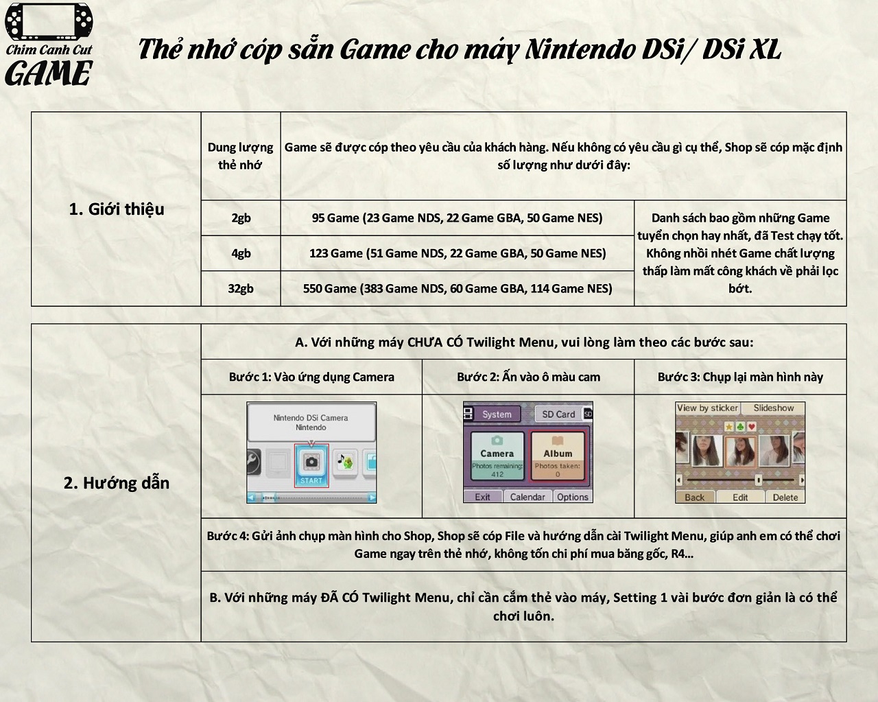 Thẻ nhớ cho máy Nintendo DSi (Hỗ trợ cài Twilight + Copy Game Free)
