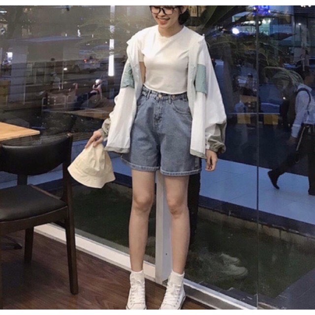 Quần Short Jean Lưng Cao Phối 2 Nút