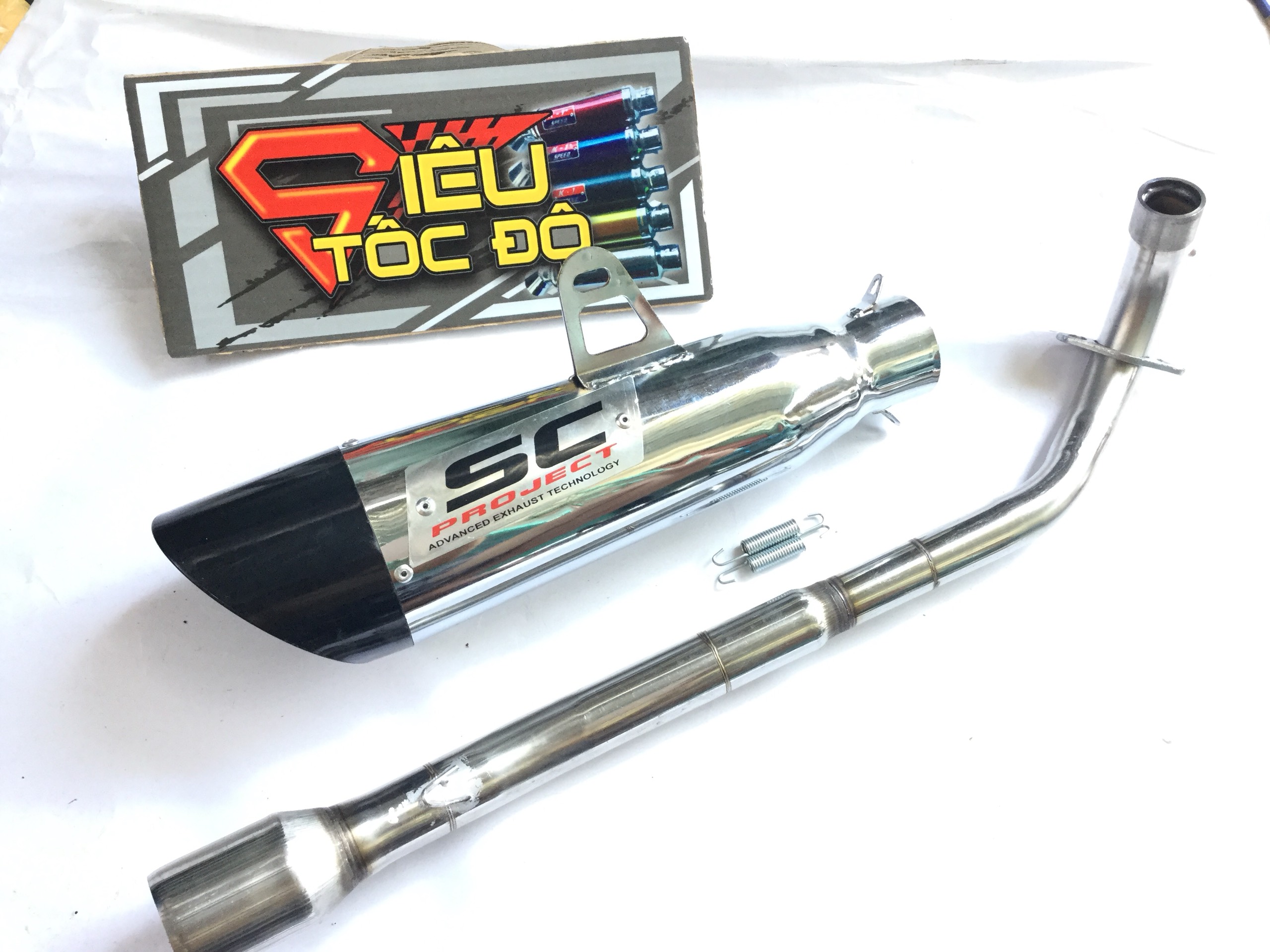 Pô sc xéo đuôi đen bao gồm cả cổ pô độ cho xe sirius rc, jupiter, taurus,...