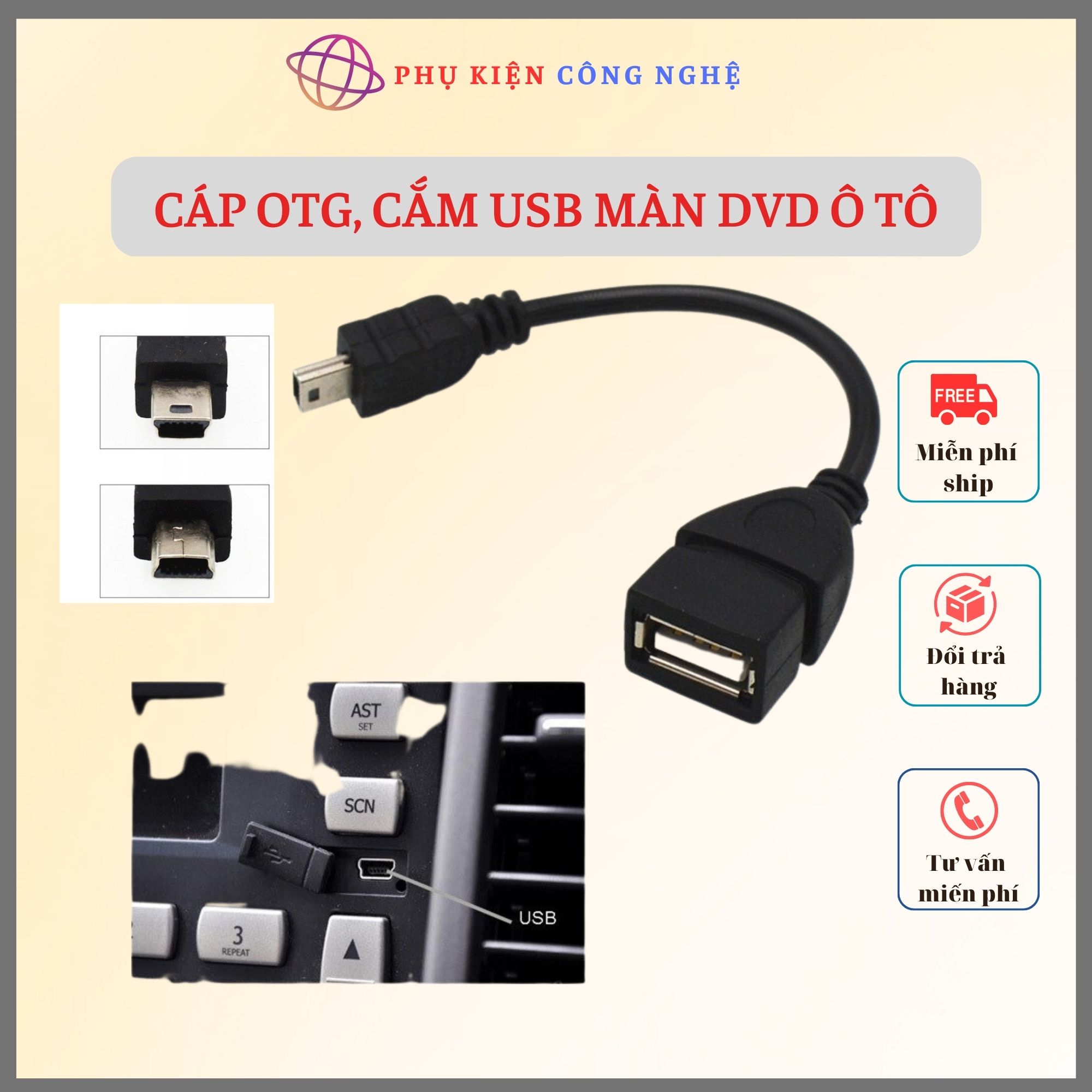 Cáp otg đầu vuông mini usb to usb. cáp cắm usb ô tô