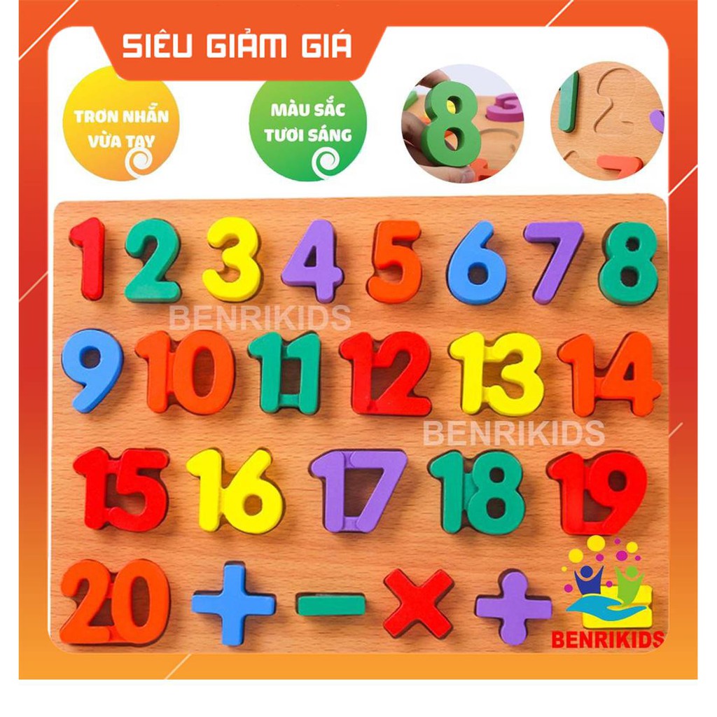 Bảng chữ số gỗ, đồ chơi gỗ,bảng 20 chữ số nổi bằng gỗ cho bé học số và phép tính