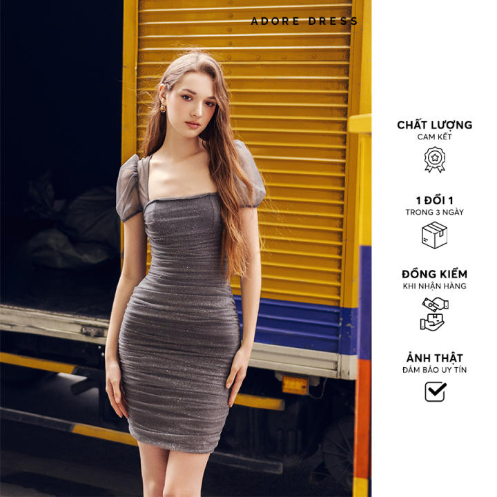 Đầm mini lưới chun cổ vuông màu ghi…