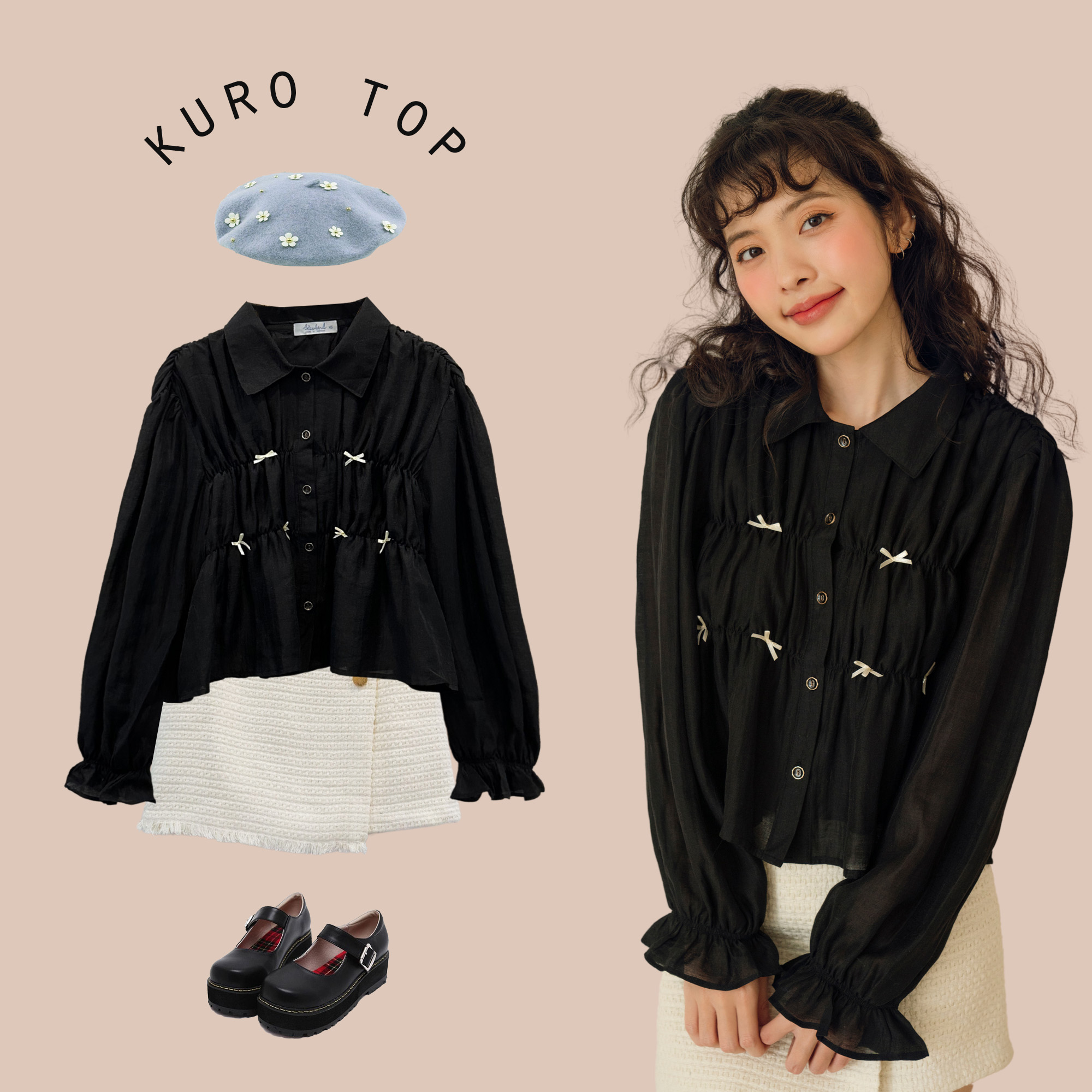 BLEUBIRD Áo lụa 2 lớp rúm bèo đính nơ Kuro Top