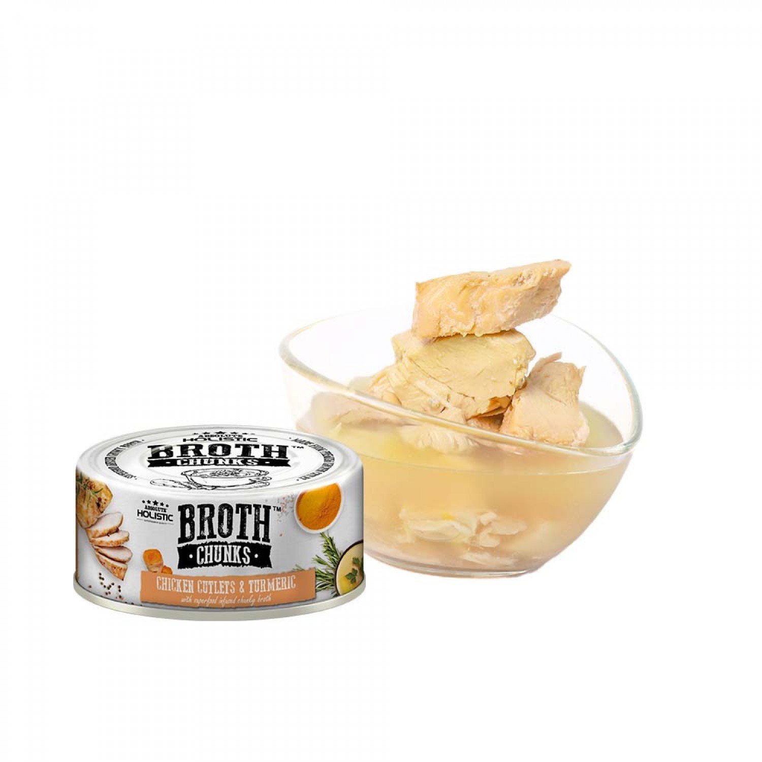 Pate gà cá cắt khúc Absolute Holistic Broth Chunks cho chó và mèo lon 80g