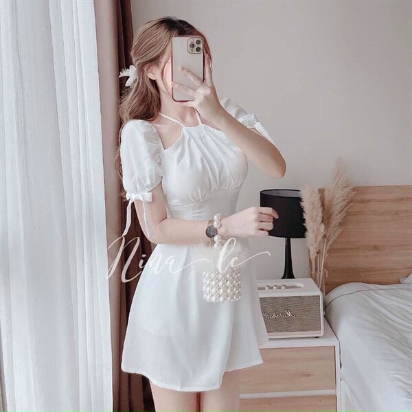 Đầm cổ yếm tay phồng, váy xòe nữ đi tiệc, váy cổ yếm, đầm tay phồng, đầm dáng xòe tiểu thư kết nơ tay siêu xinh.