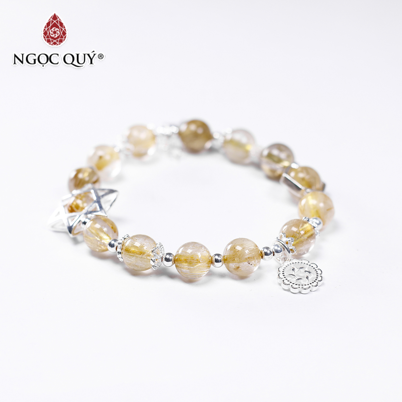 [HCM]Vòng tay đá thạch anh tóc vàng phối charm ngôi sao 8mm mệnh thủy kim - Ngọc Quý Gemstones