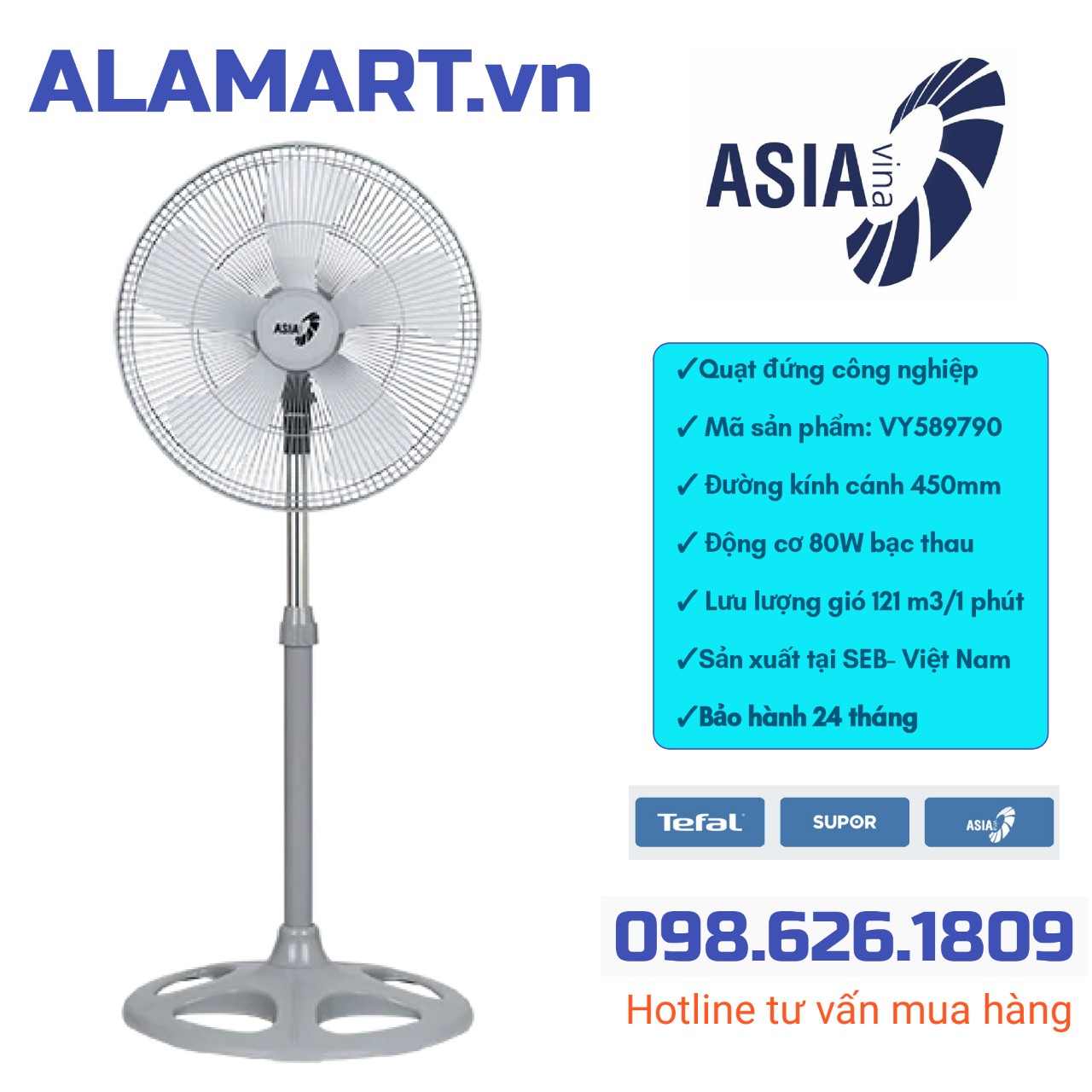 Quạt đứng công nghiệp asia vy589790 80w sải cánh 450mm hoạt động mạnh