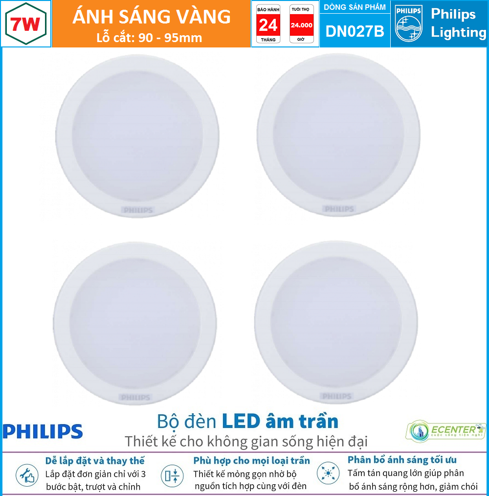 ( Bộ 4 ) Đèn Led Âm trần Philips Downlight DN027B LED6 7W GEN2 D90 ( Ánh Sáng Trắng & Trung Tính & Vàng )