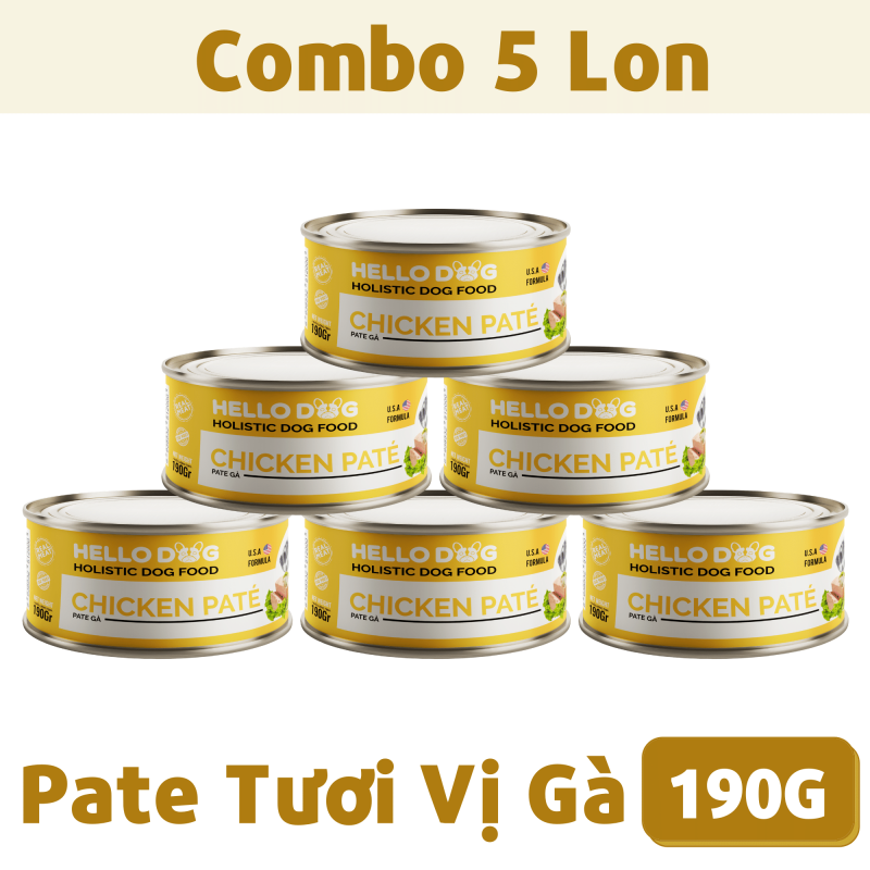 ( Combo 5 Lon ) Pate Tươi Cho Chó Mọi Lứa Tuổi Vị Gà - Hello Dog Chicken Pate 190G