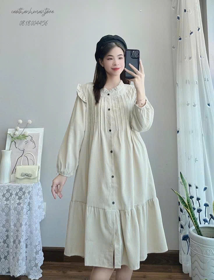 Váy Bầu Nhung Tăm, Váy Thu Đông, Cổ Đức