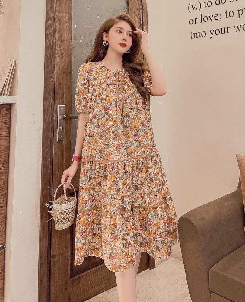 [BIGSIZE] Đầm Suông Nữ Họa Tiết, Váy Suông Tay Phồng Dáng Dài Màu sắc Tôn Da Lụa Hoa Thô Mịn Mát,đầm bầu xinh, đầm bầu dự tiệc