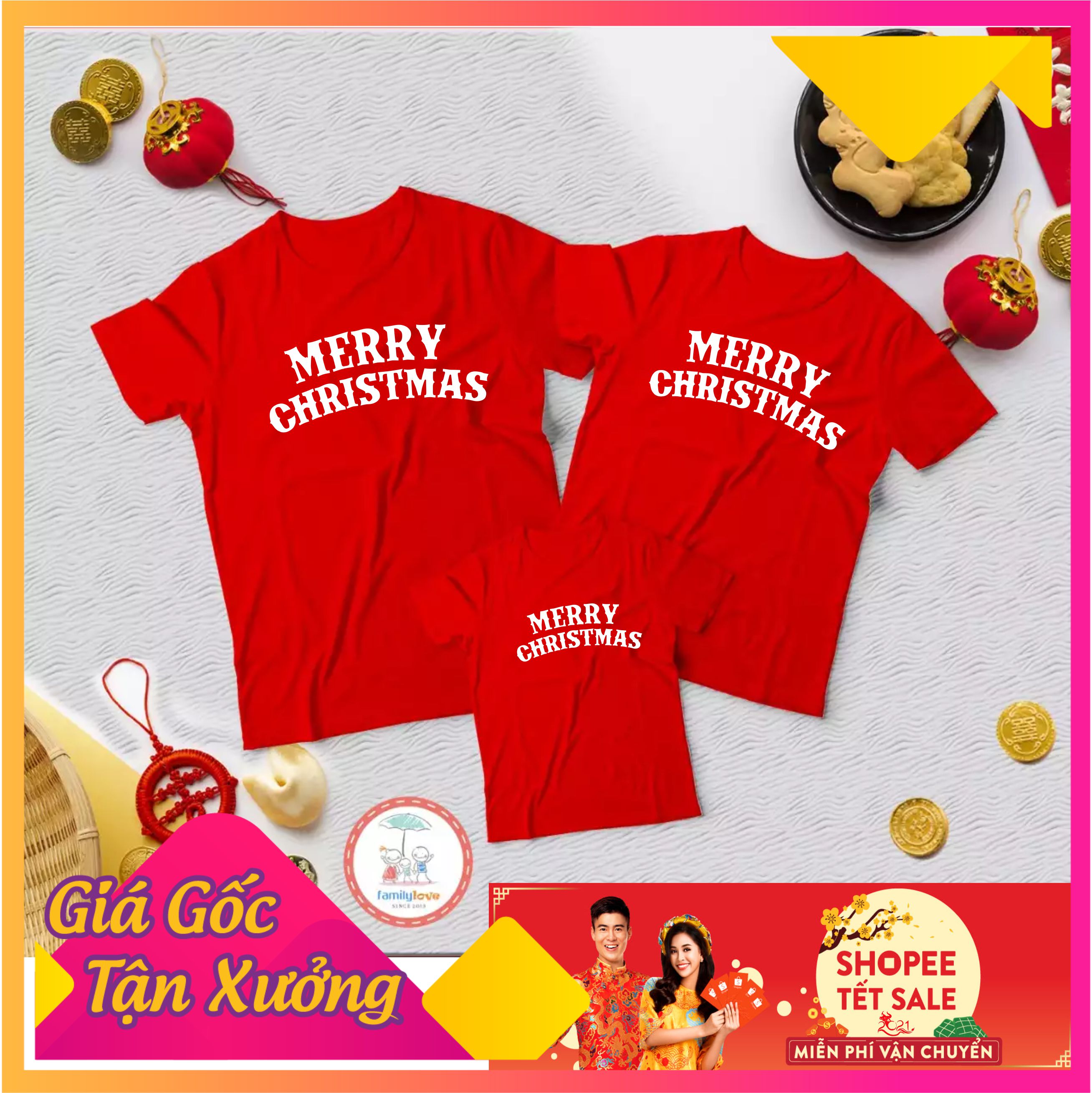 Áo thun gia đình noel màu đỏ 3/4/5 người
