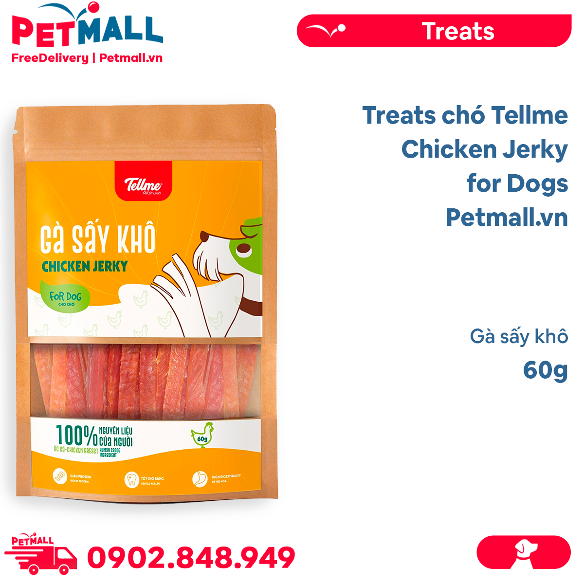 Treats chó Tellme Chicken Jerky for Dogs 60g - Gà sấy khô Petmall